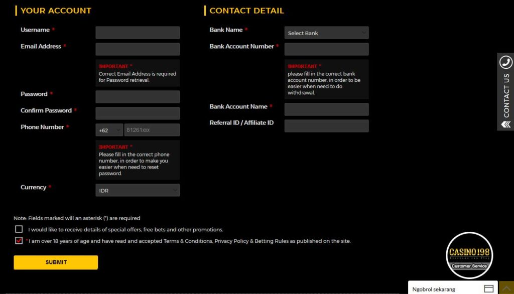 form registrasi casino198